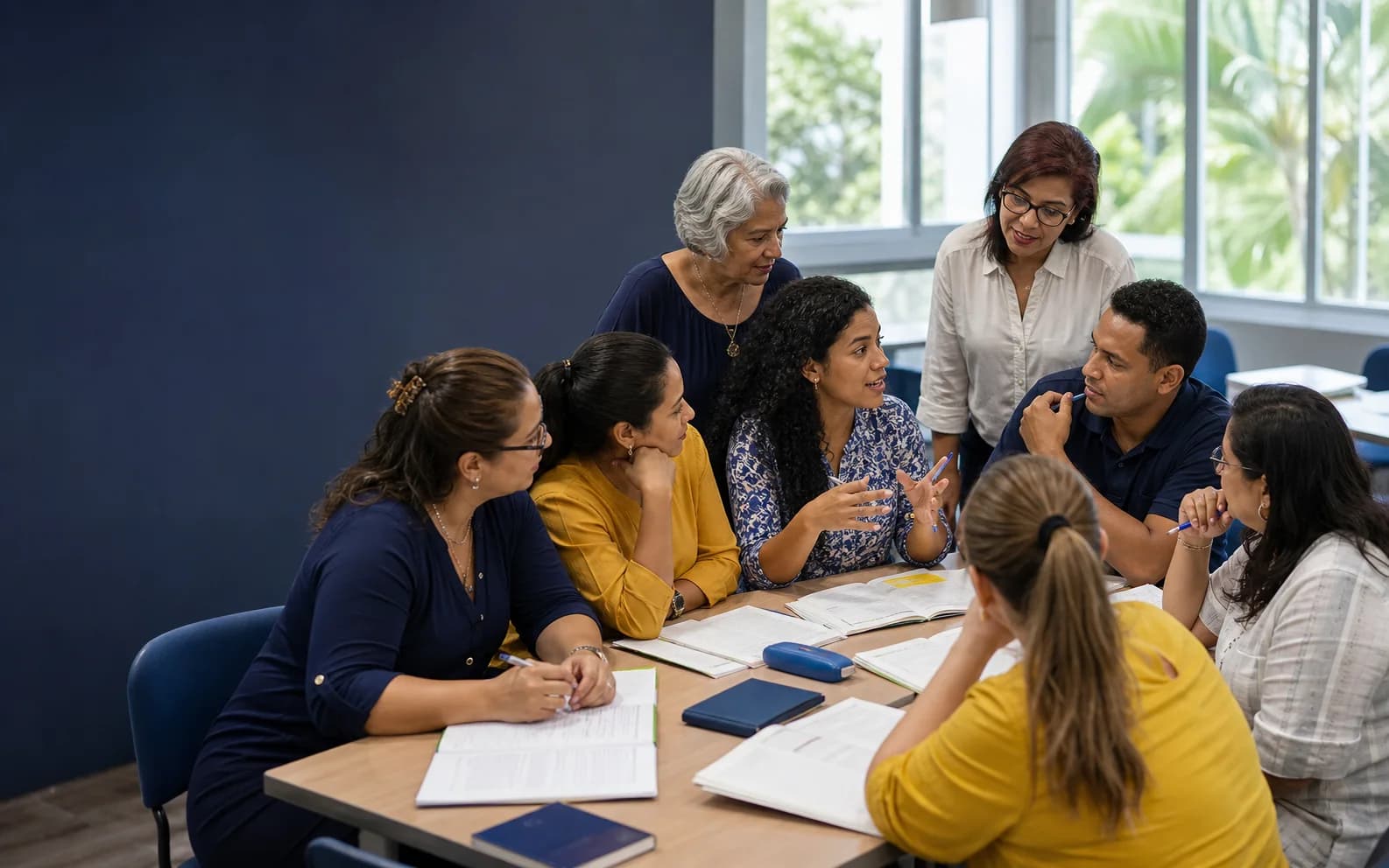 Grupo diverso de docentes intercambiando ideas durante un taller de desarrollo profesional